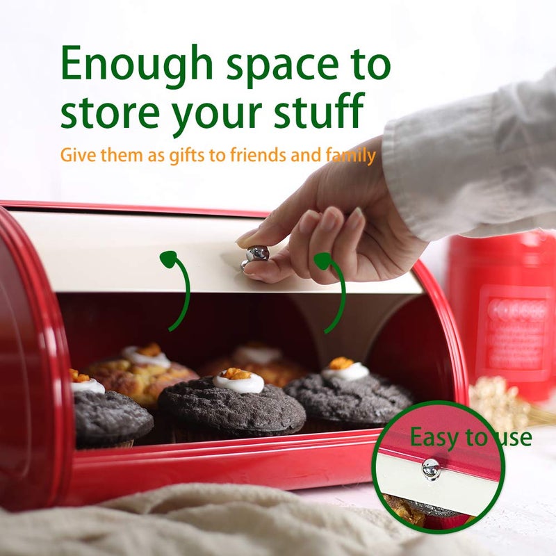 KL X458 Metal Bread Box/Bin/kitchen Storage Containers with Roll Top Lid (red) - Image 4